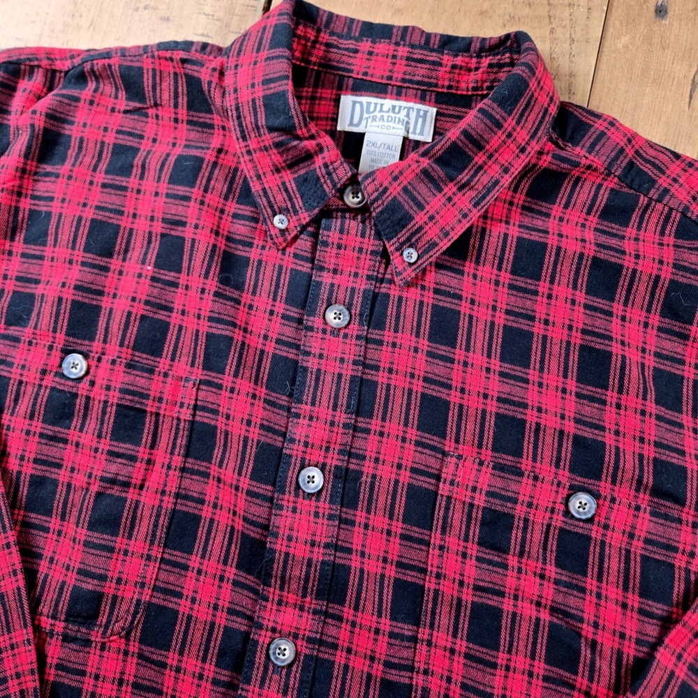 Duluth Trading Co Mens 2XL Tall Red Black Plaid Cotton Button Down Shirt 52007